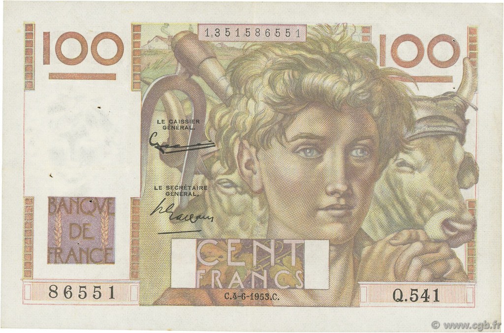 100 Francs JEUNE PAYSAN FRANCIA  1953 F.28.37 BB