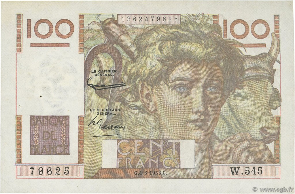 100 Francs JEUNE PAYSAN FRANKREICH  1953 F.28.37 VZ