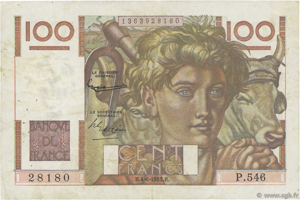 100 Francs JEUNE PAYSAN FRANKREICH  1953 F.28.37 SS