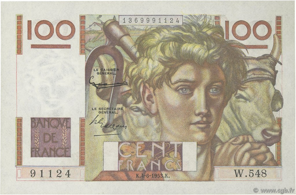 100 Francs JEUNE PAYSAN FRANCE  1953 F.28.37 UNC-