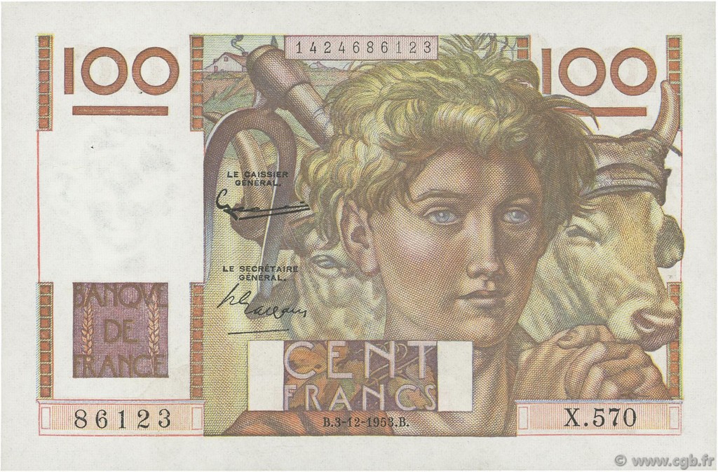 100 Francs JEUNE PAYSAN  FRANCE  1953 F.28.40 SUP+