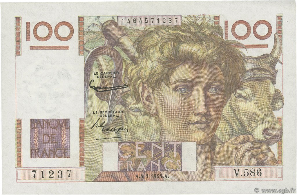 100 Francs JEUNE PAYSAN  FRANCE  1954 F.28.42 SUP+