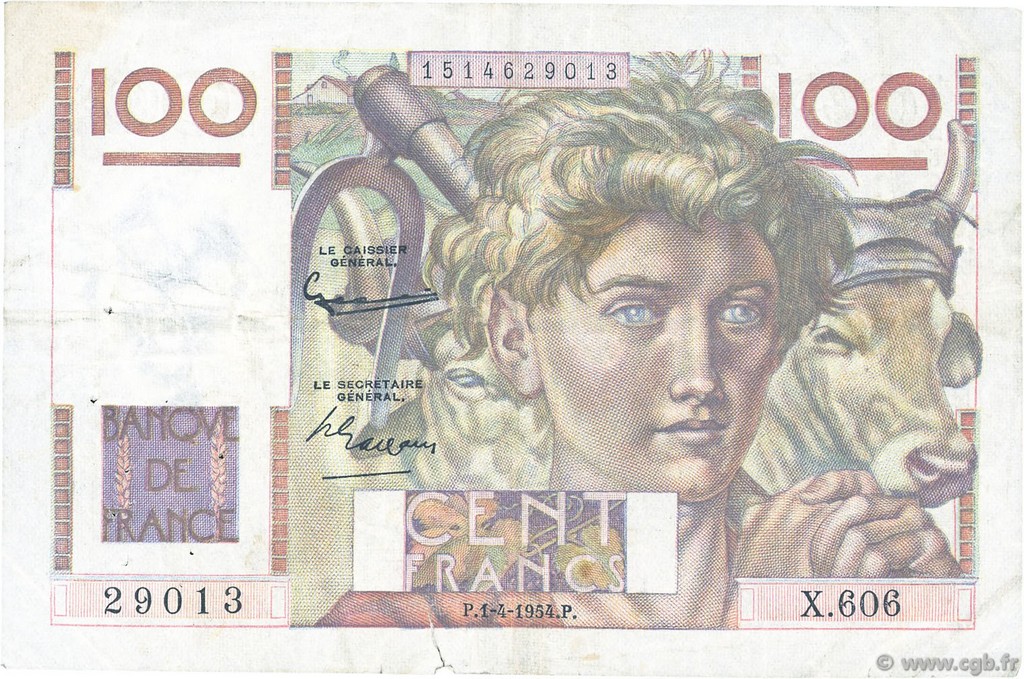 100 Francs JEUNE PAYSAN FRANKREICH  1954 F.28.43a S