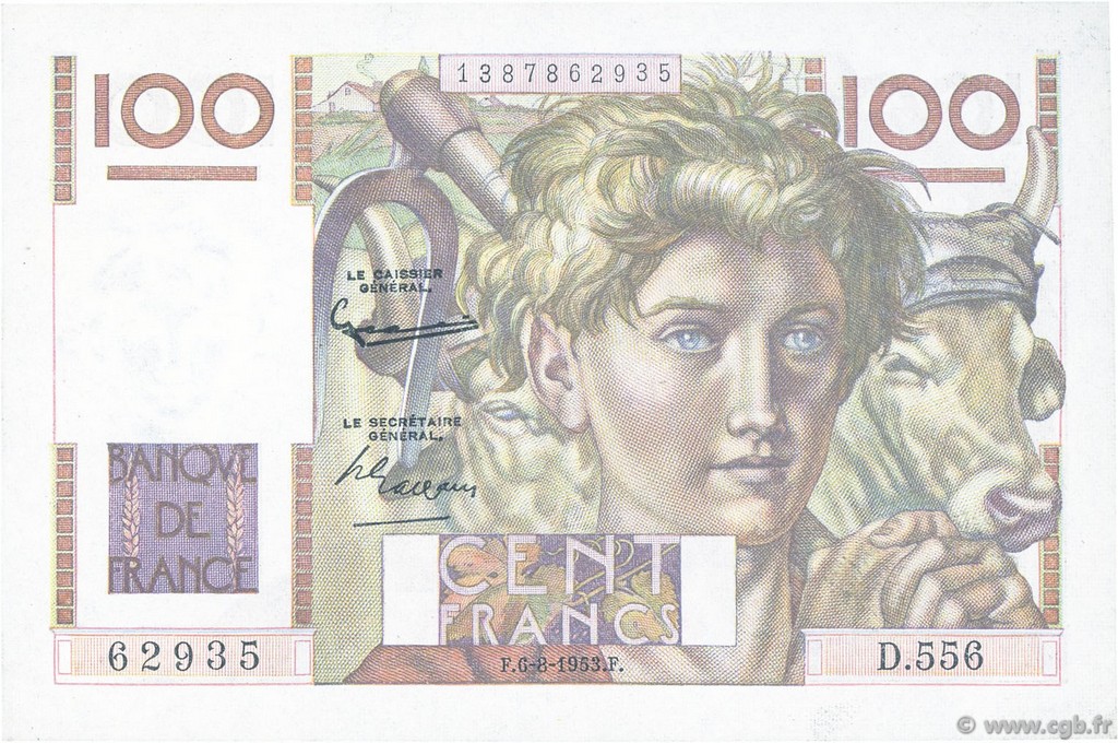 100 Francs JEUNE PAYSAN filigrane inversé FRANCIA  1953 F.28bis.02 q.AU