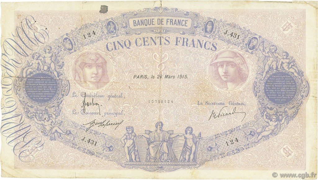500 Francs BLEU ET ROSE FRANCIA  1915 F.30.22 BC