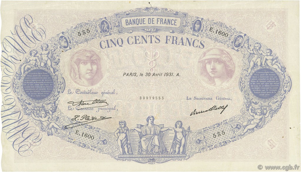 500 Francs BLEU ET ROSE FRANCE  1931 F.30.34 VF-