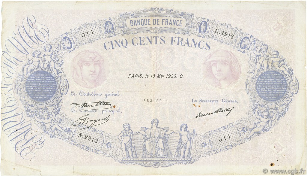 500 Francs BLEU ET ROSE FRANCIA  1933 F.30.36 BC