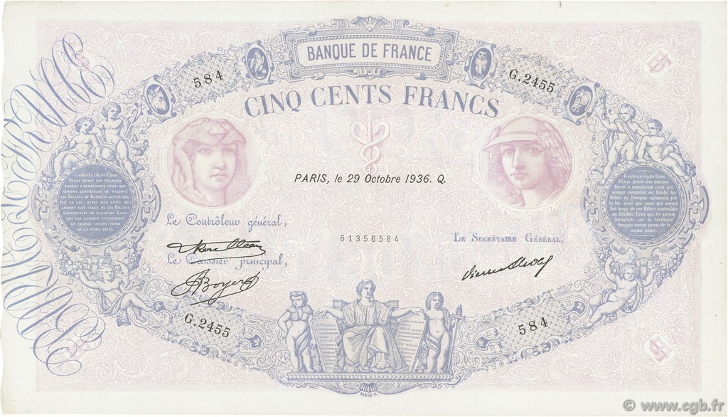 500 Francs BLEU ET ROSE FRANCE  1936 F.30.37 XF-