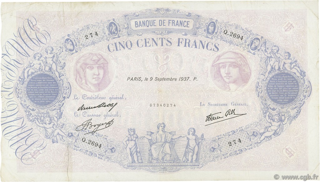 500 Francs BLEU ET ROSE modifié FRANCIA  1937 F.31.03 BC+