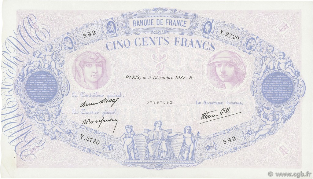 500 Francs BLEU ET ROSE modifié FRANCE  1937 F.31.04 XF-