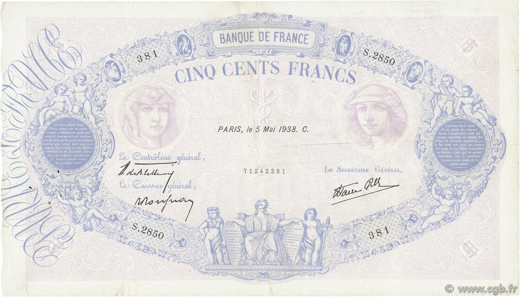 500 Francs BLEU ET ROSE modifié FRANCE  1938 F.31.10 TB