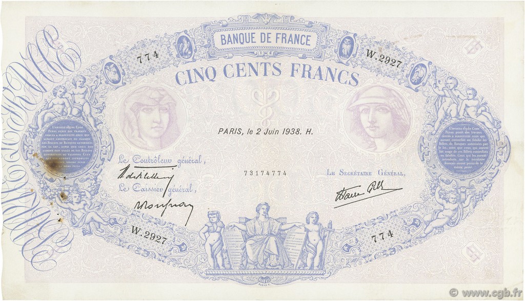 500 Francs BLEU ET ROSE modifié FRANCE  1938 F.31.13 TB+