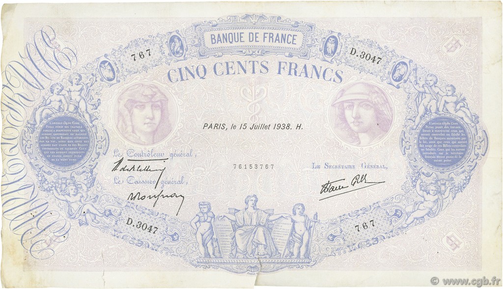 500 Francs BLEU ET ROSE modifié FRANKREICH  1938 F.31.18 SS