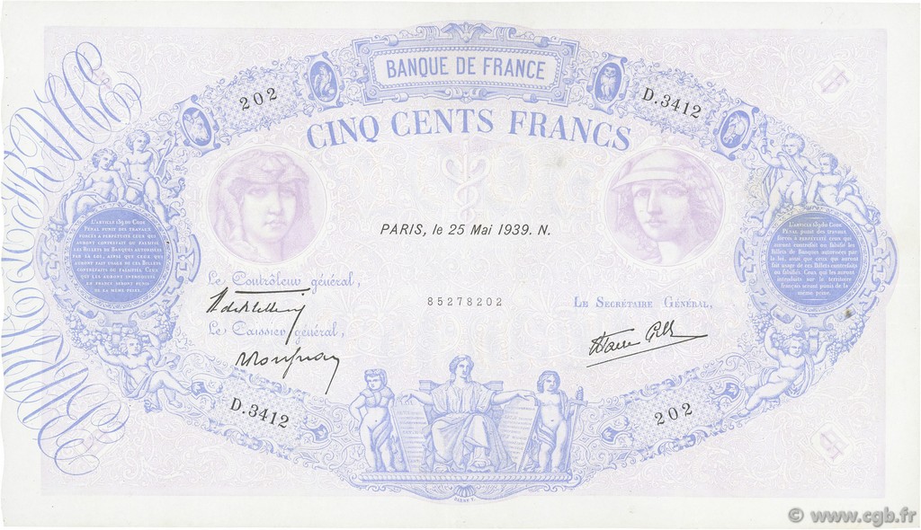 500 Francs BLEU ET ROSE modifié FRANCE  1939 F.31.33 VF