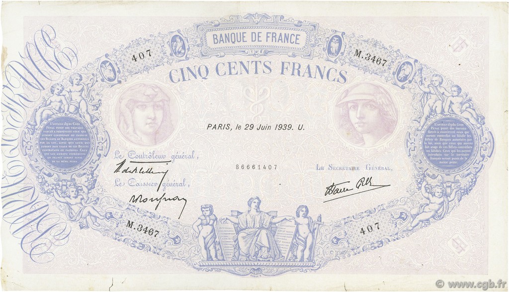 500 Francs BLEU ET ROSE modifié FRANCIA  1939 F.31.35 q.BB