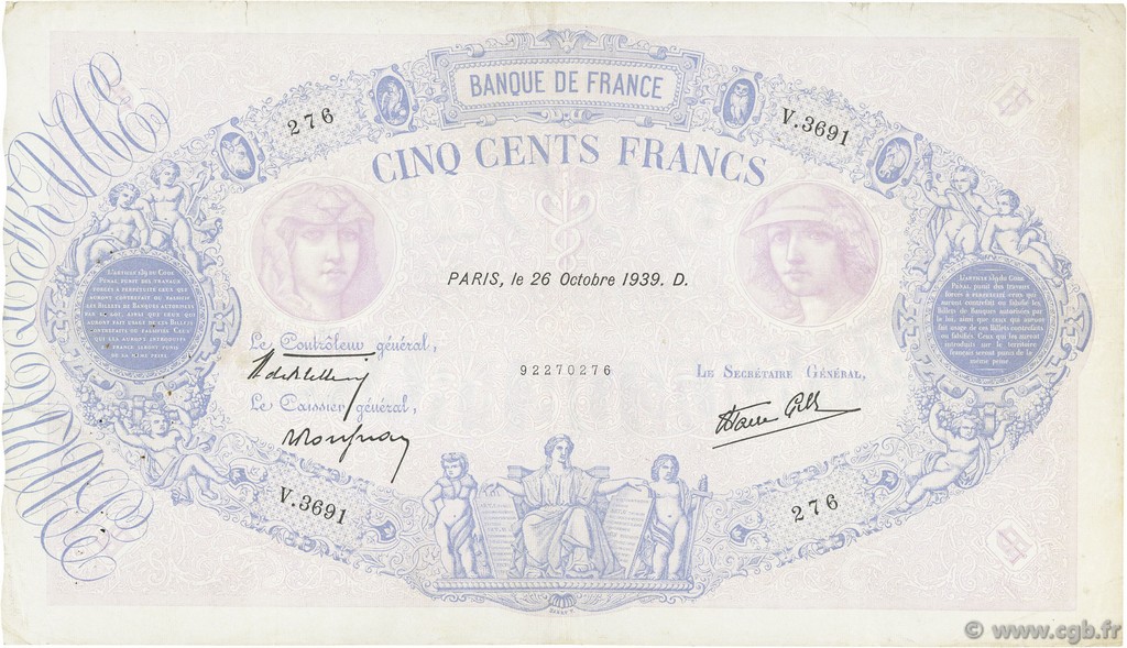 500 Francs BLEU ET ROSE modifié FRANCE  1939 F.31.45 VF-
