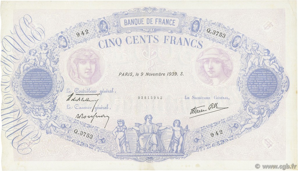 500 Francs BLEU ET ROSE modifié FRANCIA  1939 F.31.47 MBC+