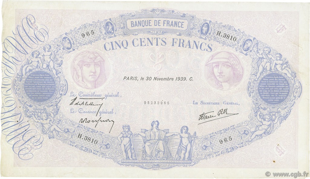 500 Francs BLEU ET ROSE modifié FRANCE  1939 F.31.50 F
