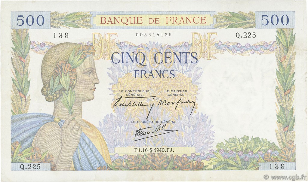 500 Francs LA PAIX FRANCIA  1940 F.32.02 MBC