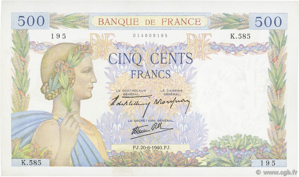500 Francs LA PAIX FRANCE  1940 F.32.03 VF