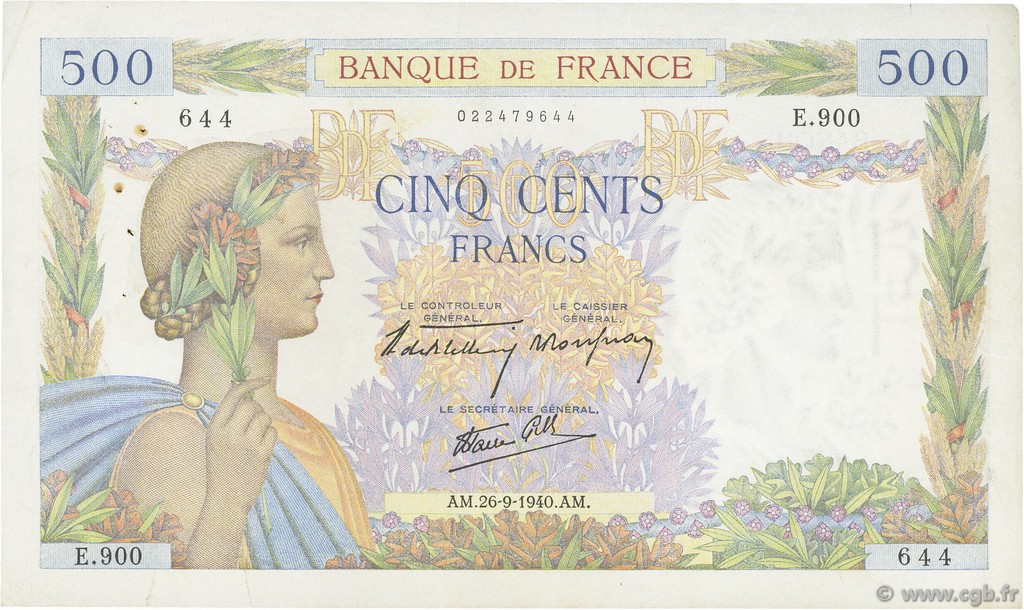500 Francs LA PAIX FRANCIA  1940 F.32.06 MBC