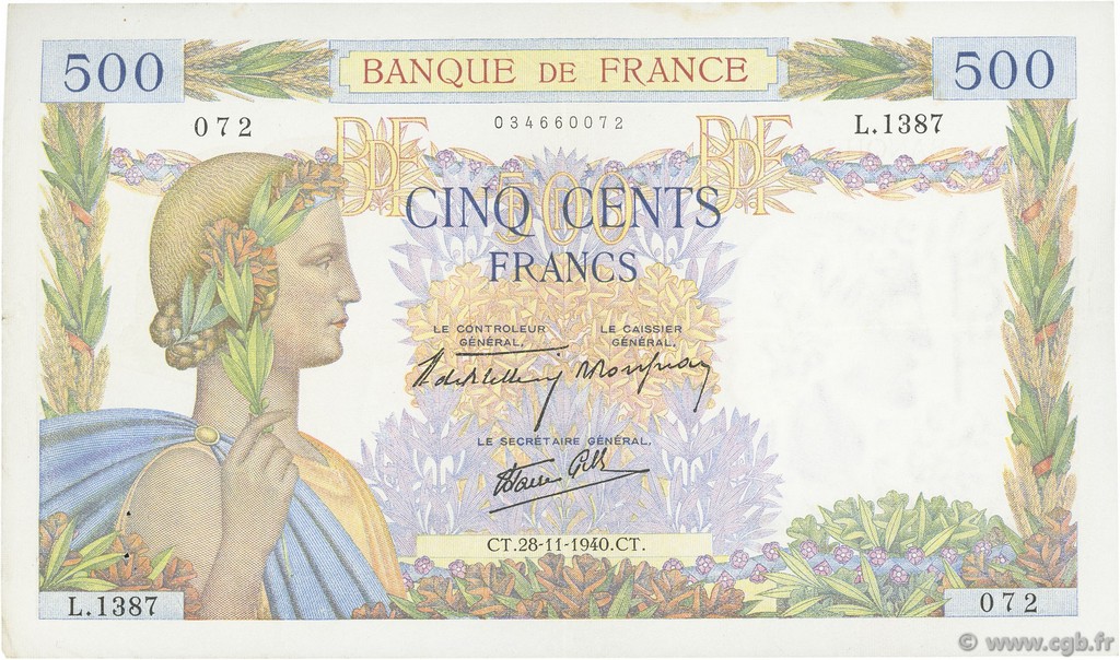 500 Francs LA PAIX FRANCE  1940 F.32.09 VF