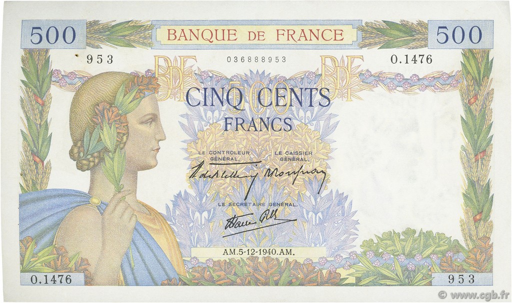 500 Francs LA PAIX FRANKREICH  1940 F.32.10 VZ