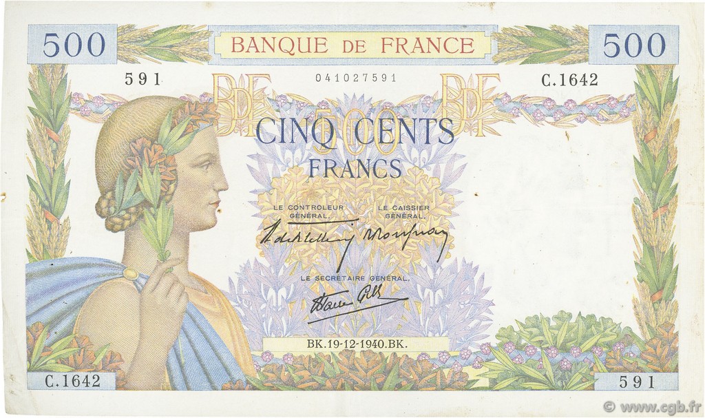 500 Francs LA PAIX FRANCIA  1940 F.32.11 MBC
