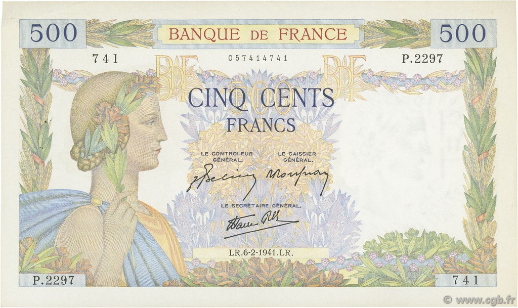 500 Francs LA PAIX FRANCE  1941 F.32.14 XF