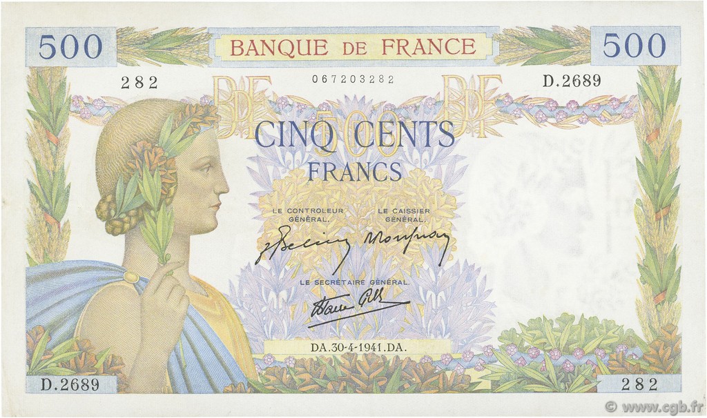 500 Francs LA PAIX FRANKREICH  1941 F.32.15 VZ