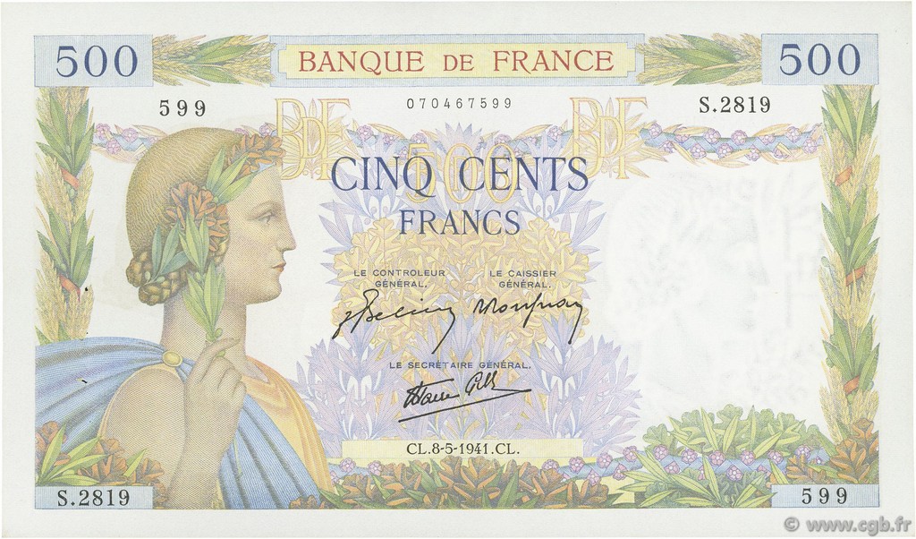 500 Francs LA PAIX FRANCE  1941 F.32.16 XF