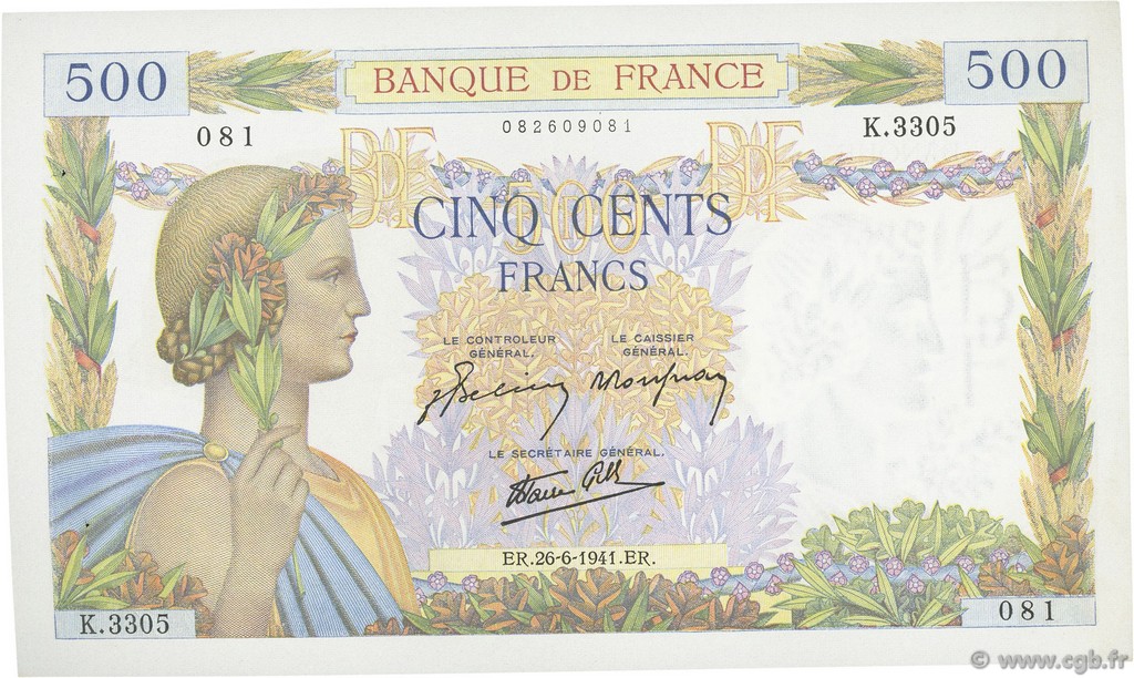 500 Francs LA PAIX FRANCE  1941 F.32.19 AU