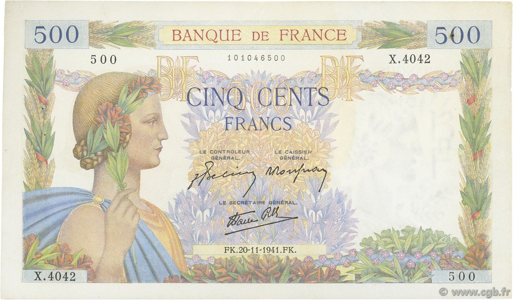 500 Francs LA PAIX FRANCE  1941 F.32.24 XF-