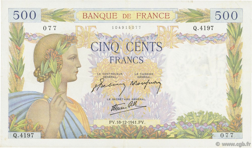 500 Francs LA PAIX FRANCIA  1941 F.32.25 MBC+