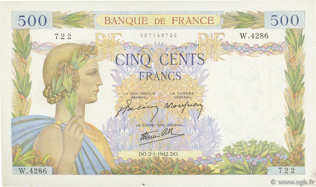 500 Francs LA PAIX FRANKREICH  1942 F.32.26 VZ