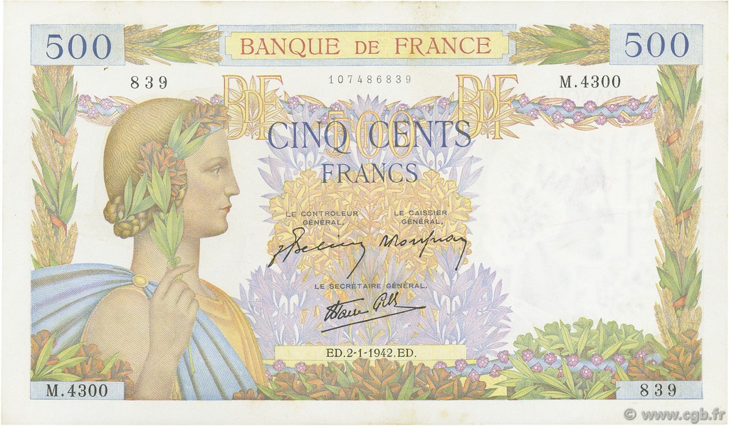 500 Francs LA PAIX FRANCIA  1942 F.32.26 SPL