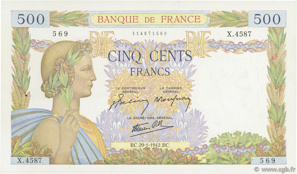 500 Francs LA PAIX FRANKREICH  1942 F.32.28 VZ+
