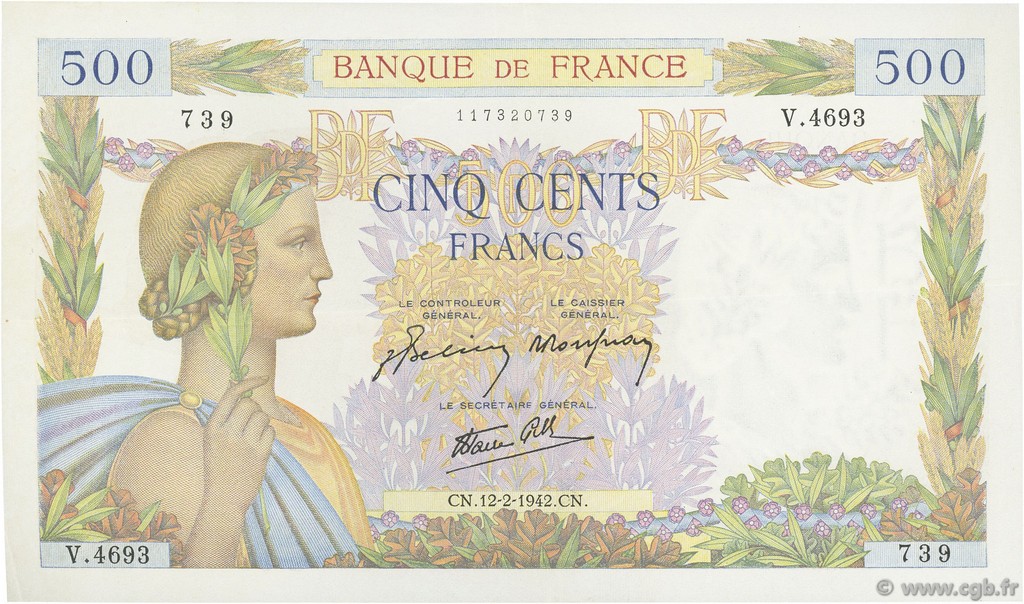 500 Francs LA PAIX FRANCIA  1942 F.32.29 EBC
