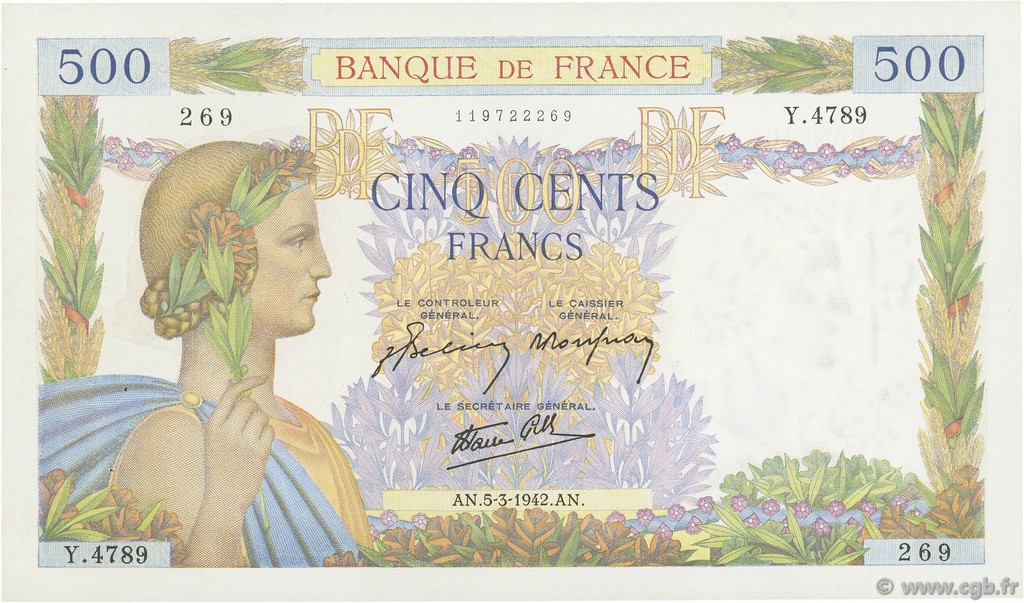 500 Francs LA PAIX FRANKREICH  1942 F.32.30 fST