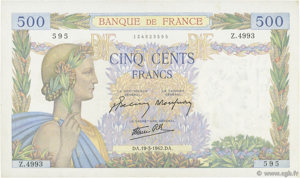 500 Francs LA PAIX FRANCIA  1942 F.32.31 q.AU