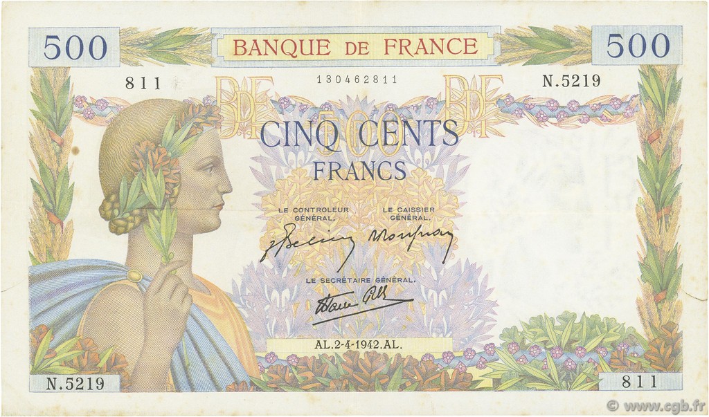 500 Francs LA PAIX FRANCIA  1942 F.32.33 MBC