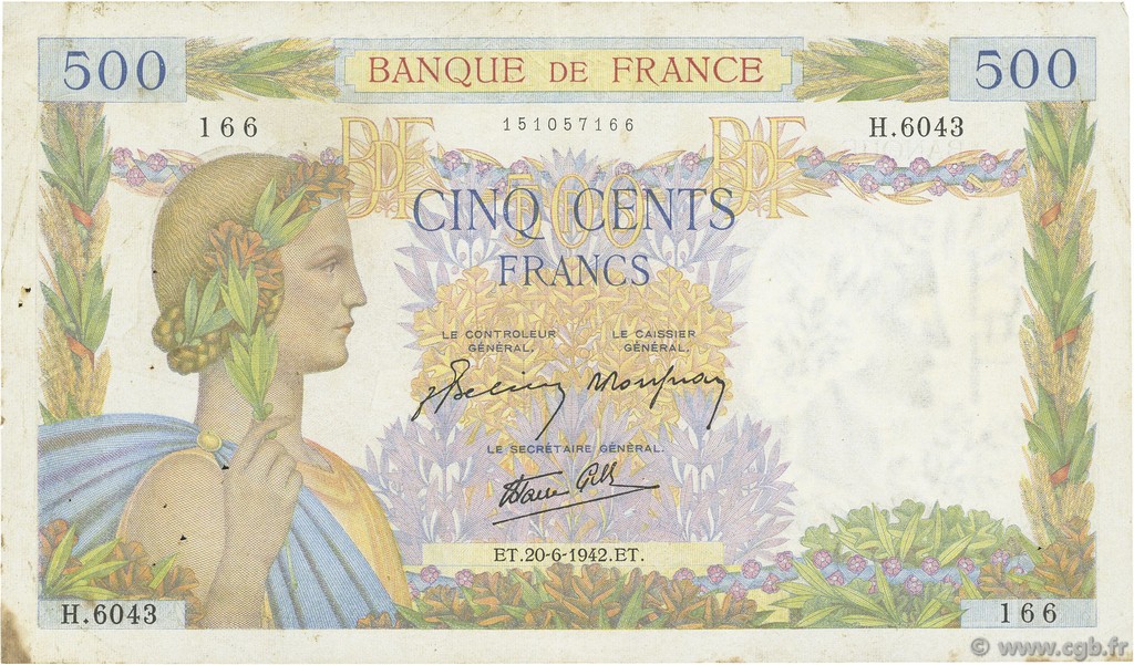 500 Francs LA PAIX FRANCE  1942 F.32.35 VF