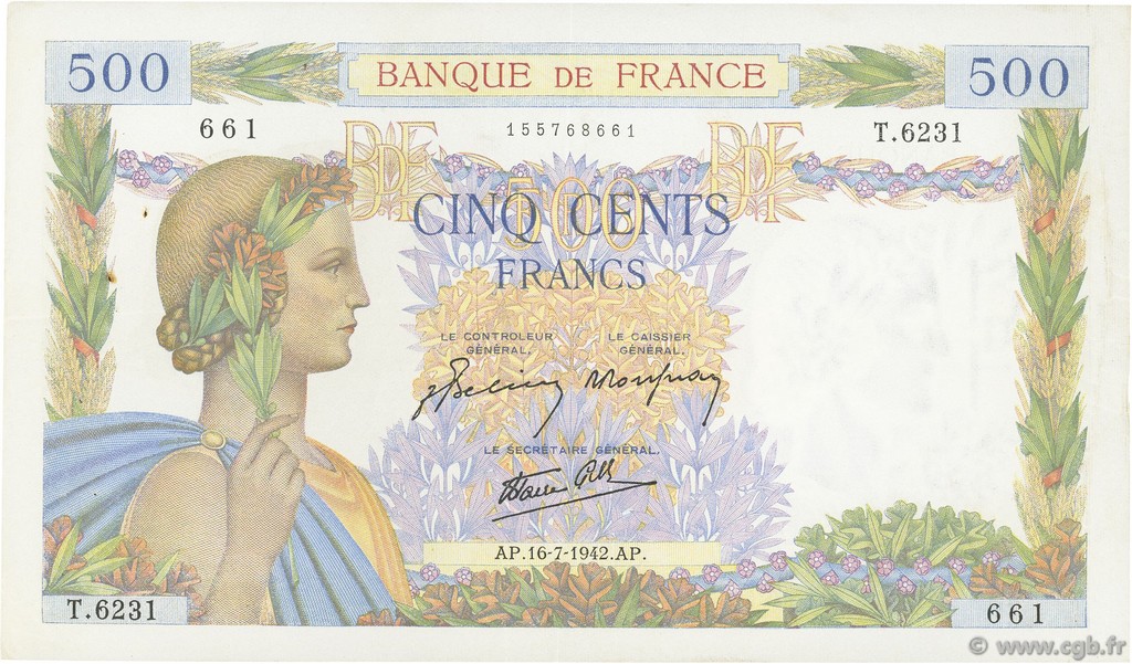500 Francs LA PAIX FRANCE  1942 F.32.37 VF