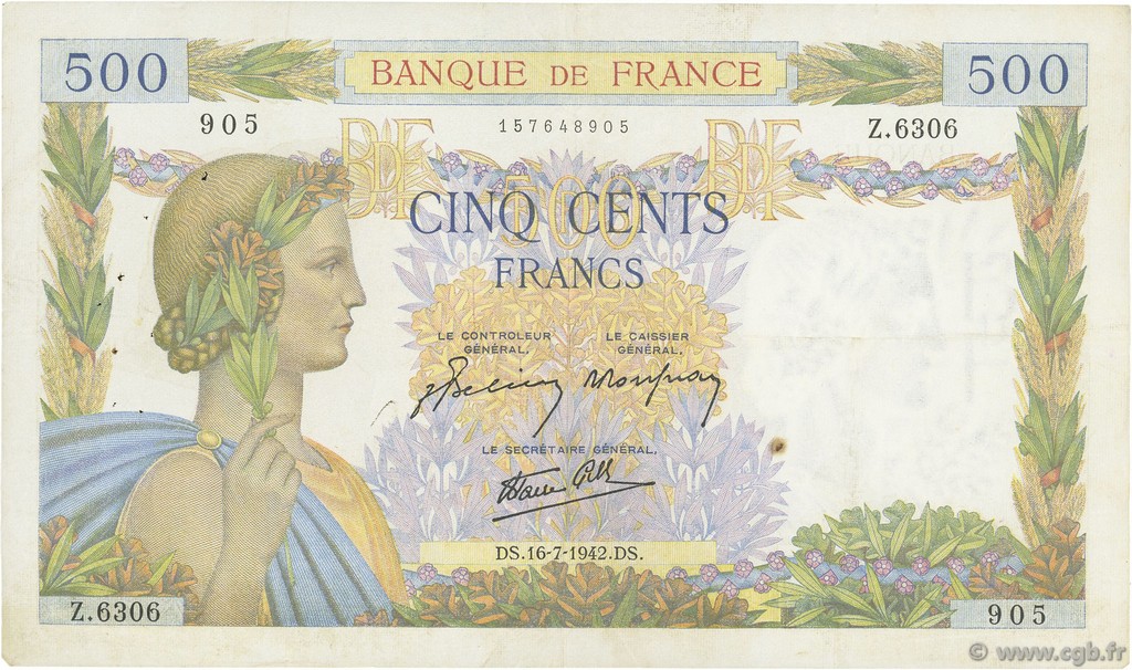 500 Francs LA PAIX FRANCE  1942 F.32.37 VF