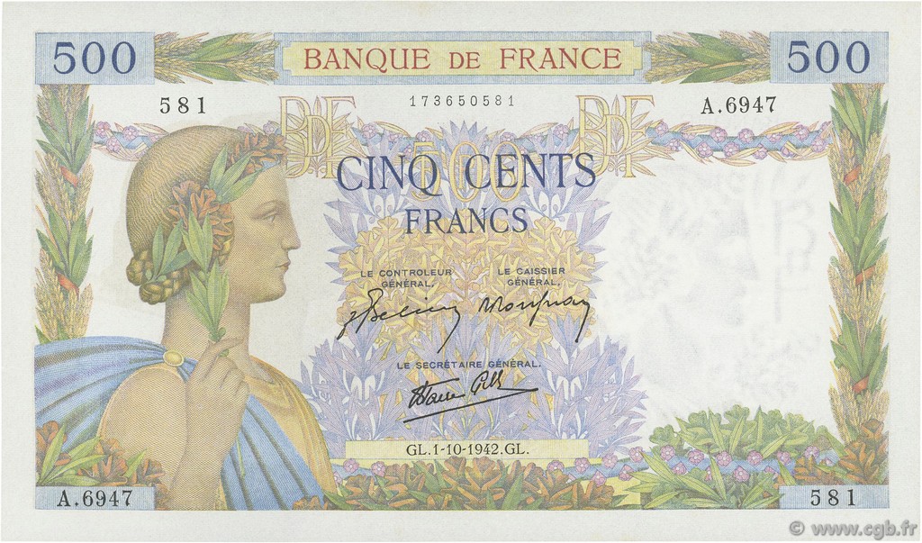 500 Francs LA PAIX FRANCE  1942 F.32.41 AU