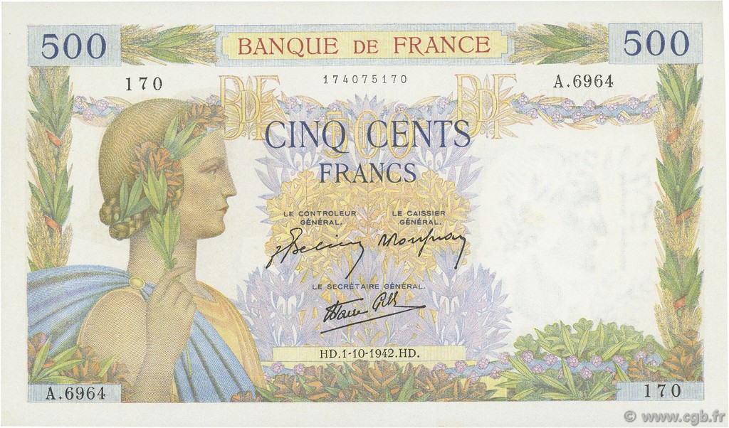 500 Francs LA PAIX FRANKREICH  1942 F.32.41 fST