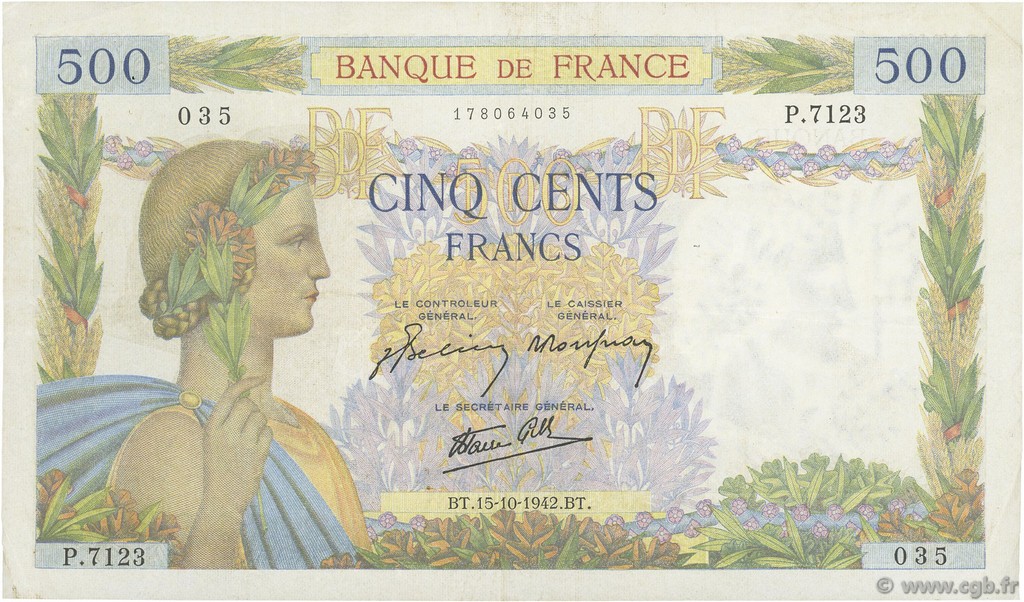 500 Francs LA PAIX FRANCE  1942 F.32.42 TTB+