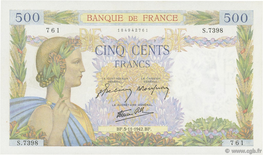 500 Francs LA PAIX FRANKREICH  1942 F.32.43 fVZ