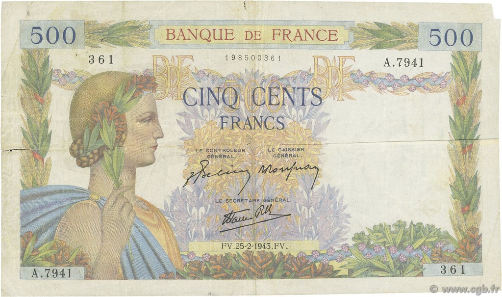 500 Francs LA PAIX FRANCE  1943 F.32.45 TB