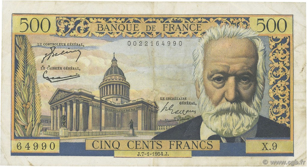 500 Francs VICTOR HUGO FRANCE  1954 F.35.01 F